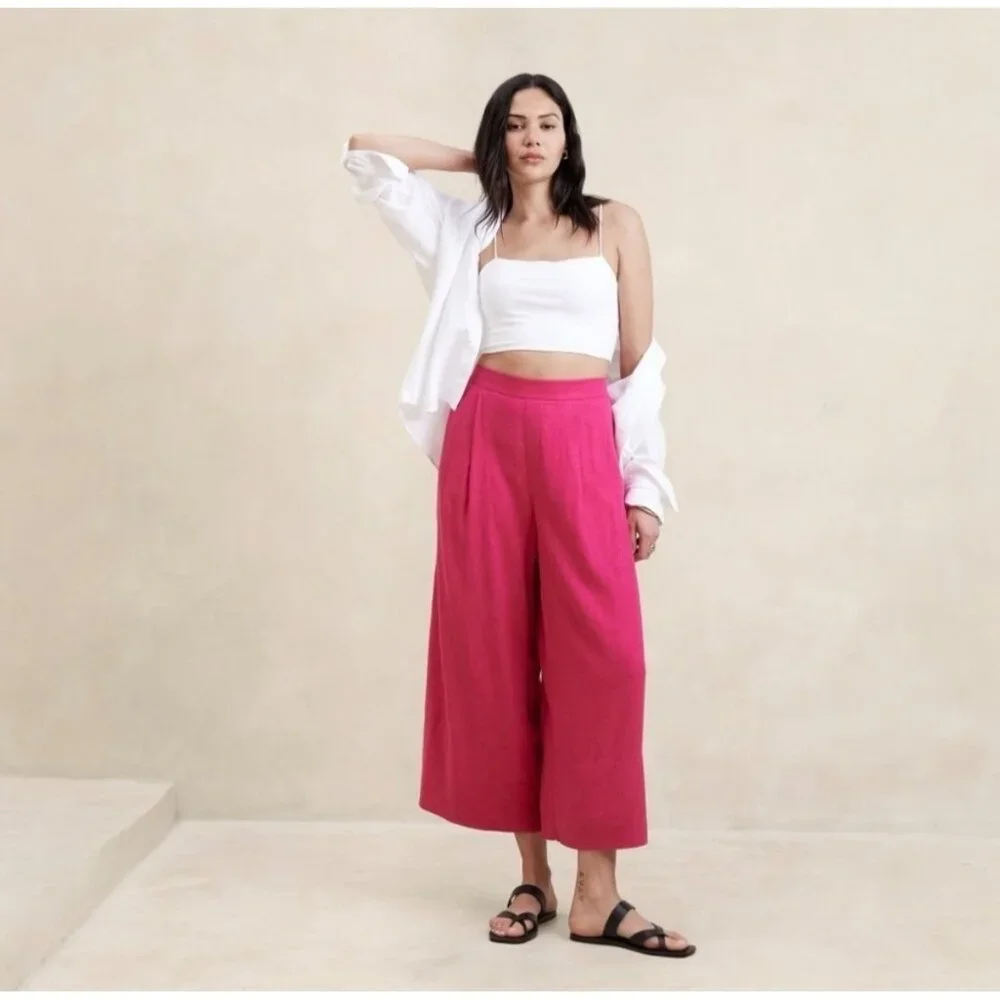 NWT Banana Republic L 14 Linen Blend Palazzo Pants Lagenlook Trousers Pull On